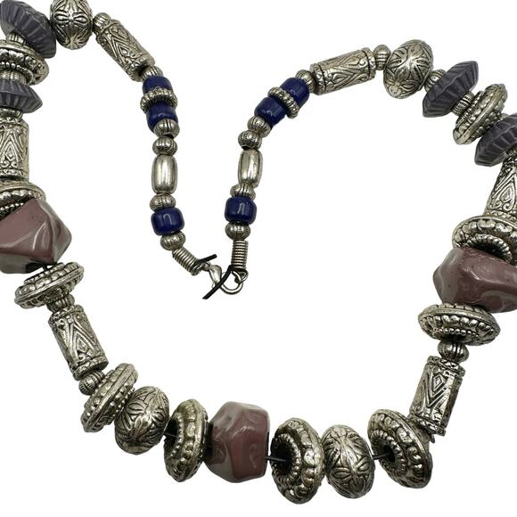 Mix Media Artisan Silver and Purple Bead Chunky Statement Boho Necklace - Picture 6 of 7